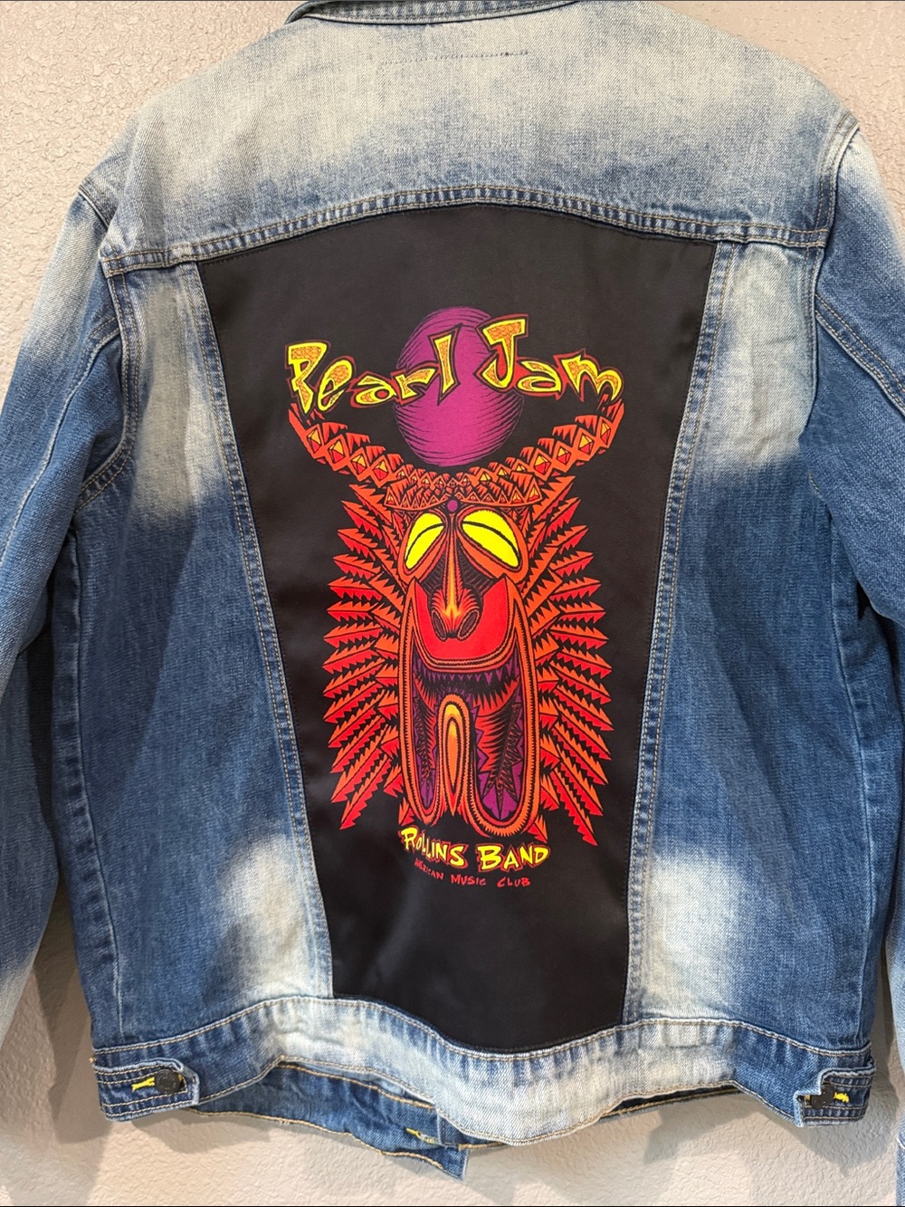 Zara Blue Denim Jacket with Neon Pearl Jam Back Panel
